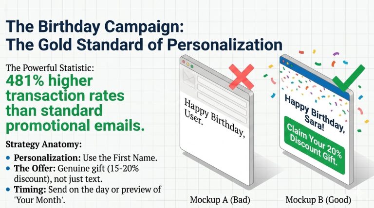 Infographic showing birthday email marketing stats with festive icons and a smartphone notification.