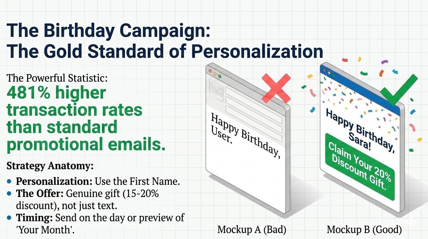 Infographic showing birthday email marketing stats with festive icons and a smartphone notification.