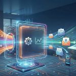 Conceptual digital illustration of digital marketing data processing. At the center, a bright technological cube with gear and graph icons analyzes data flowing from user avatars on the left side. On the right side, sales emails and marketing ideas are sent to a floating laptop that displays a growth graph and to a smartphone that displays data analysis, within a modern office setting overlooking a city at night.