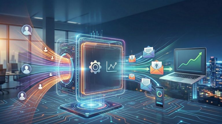 Conceptual digital illustration of digital marketing data processing. At the center, a bright technological cube with gear and graph icons analyzes data flowing from user avatars on the left side. On the right side, sales emails and marketing ideas are sent to a floating laptop that displays a growth graph and to a smartphone that displays data analysis, within a modern office setting overlooking a city at night.