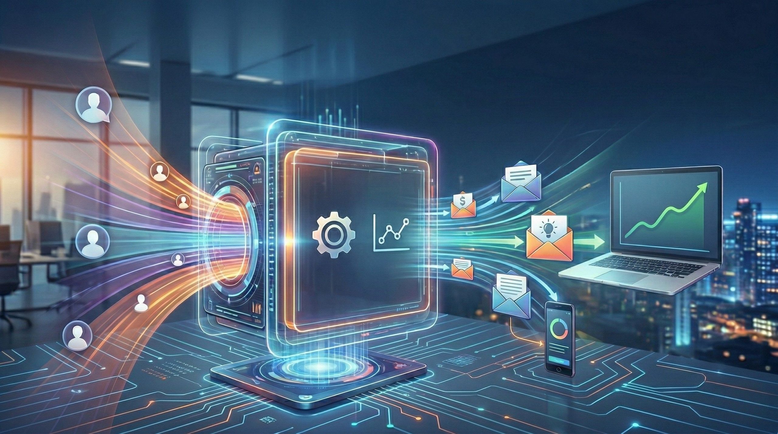 Conceptual digital illustration of digital marketing data processing. At the center, a bright technological cube with gear and graph icons analyzes data flowing from user avatars on the left side. On the right side, sales emails and marketing ideas are sent to a floating laptop that displays a growth graph and to a smartphone that displays data analysis, within a modern office setting overlooking a city at night.